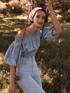 Anthropologie Blue Pinstripe Off-Shoulder Smocked Blouse